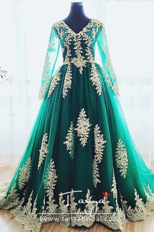 Green Muslim Wedding Dress With Gold Lace Applique DQG038 TANYA BRIDAL Green Muslim Wedding Dress With Gold Lace Applique DQG038 TANYA BRIDAL