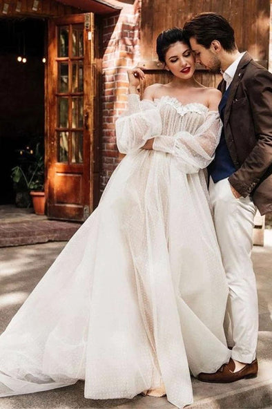 Dot Tulle A Line Wedding Dress Sweetheart Puff Sleeves