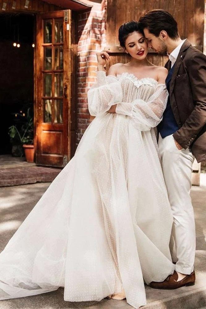 Dot Tulle A Line Wedding Dress Sweetheart Puff Sleeves TANYA BRIDAL Dot Tulle A Line Wedding Dress Sweetheart Puff Sleeves TANYA BRIDAL