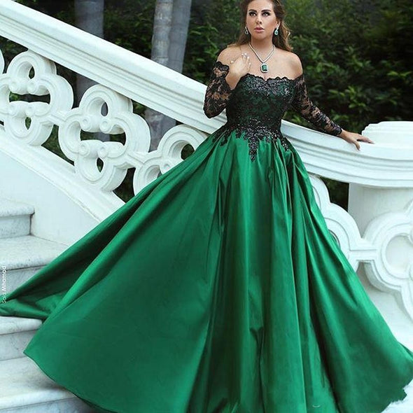 Off shoulder Dark Green Ball Gown Evening Dresses with Long Sleeves
