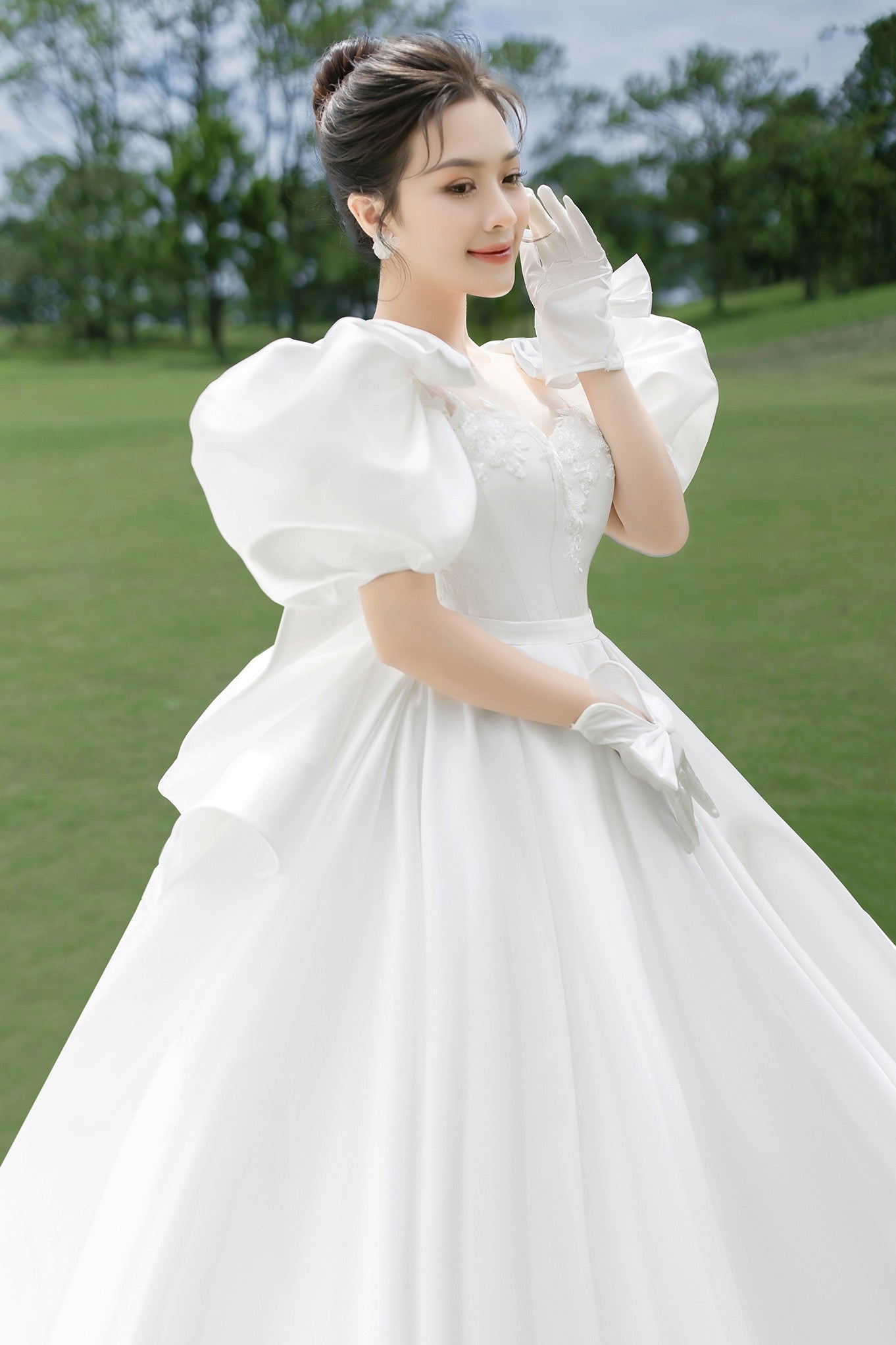Chapel Train Satin Long Wedding Dresses Puffy Sleeves Ball Gown TANYA BRIDAL Chapel Train Satin Long Wedding Dresses Puffy Sleeves Ball Gown TANYA BRIDAL