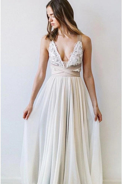 Bohemian V Neck Chiffon Beach Wedding Dress With Champagne Belt