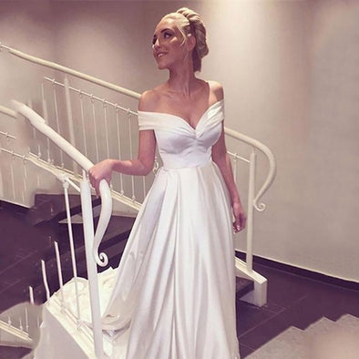 Elegant Wedding Dress Off the shoulder White /Ivory Satin A-line Wedding Gown