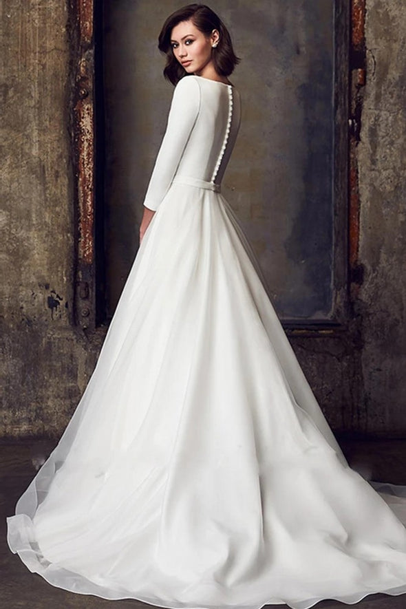 Satin Wedding Dresses With Pockets Three Quater Sleeves A-Line