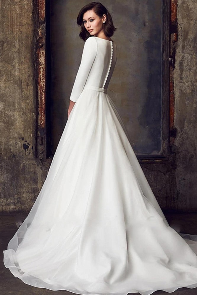 Satin Wedding Dresses With Pockets Three Quater Sleeves A-Line TANYA BRIDAL Satin Wedding Dresses With Pockets Three Quater Sleeves A-Line TANYA BRIDAL
