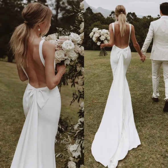 Simple Crepe Mermaid Wedding Dress Sexy Open Backless