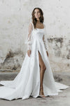 A Line White Satin Wedding Bridal Dress Illusion Long Sleeves Side Split