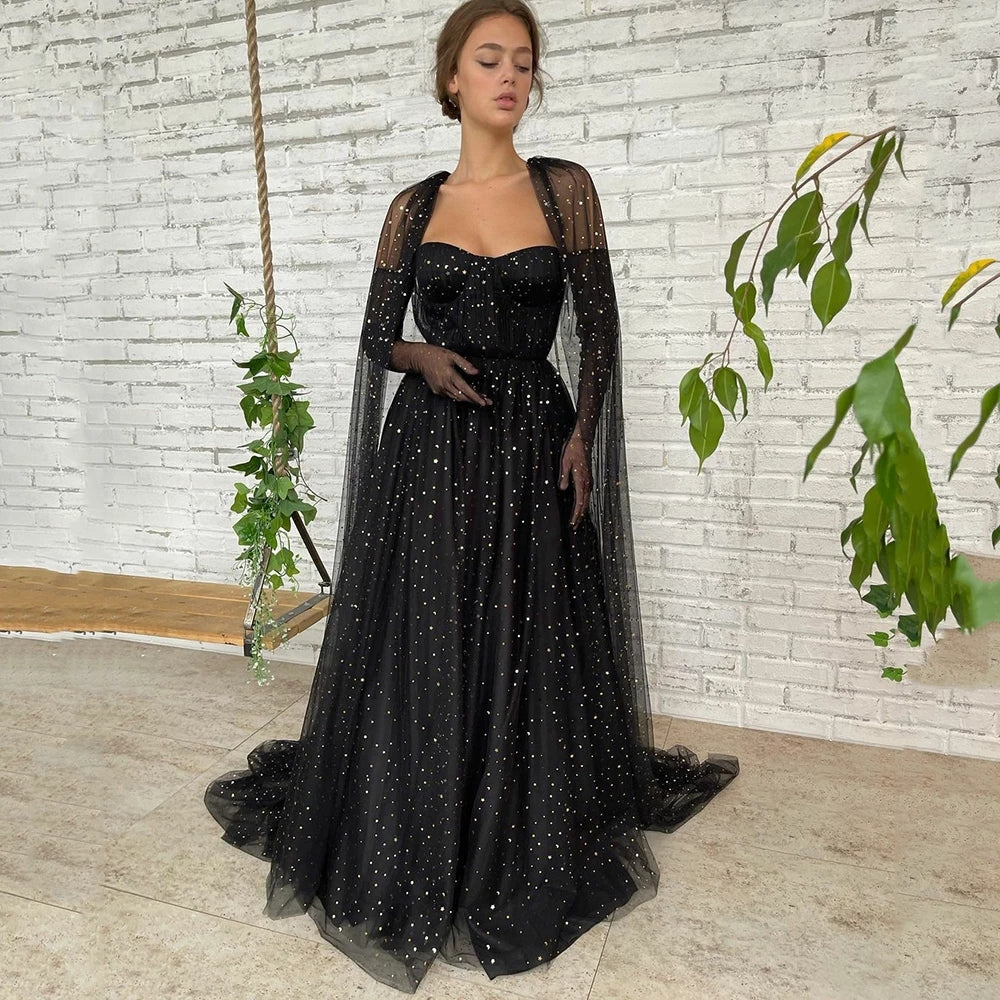 prom dresses with shawls Black Sequins Tulle Prom Dresses With Shawl – TANYA BRIDAL