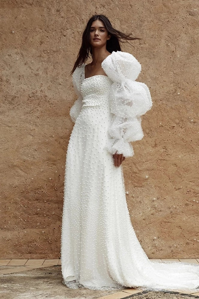long sleeve pearl wedding dress 88128: Crepe Long Sleeve Gown with Pearl Detail