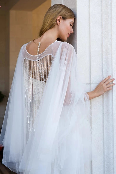Luxury Two Layers Tulle Cape Middle Length With Gorgeous Beads Tassel ZJ062