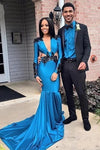African Blue Prom Dresses Long Mermaid Sexy Plunging V Neck W062