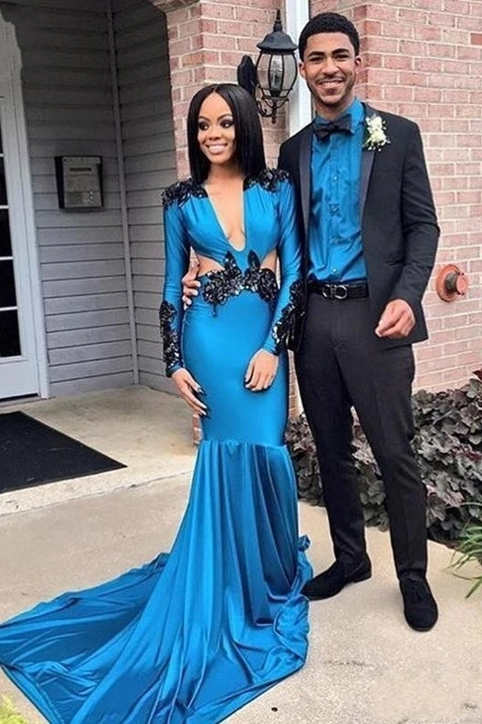 African Blue Prom Dresses Long Mermaid Sexy Plunging V Neck W062 - African Blue Prom Dresses Long Mermaid Sexy Plunging V Neck W062 -
