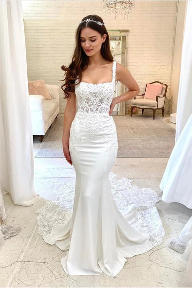 Square Neck Mermaid Lace Appliques Court Train Wedding Gown