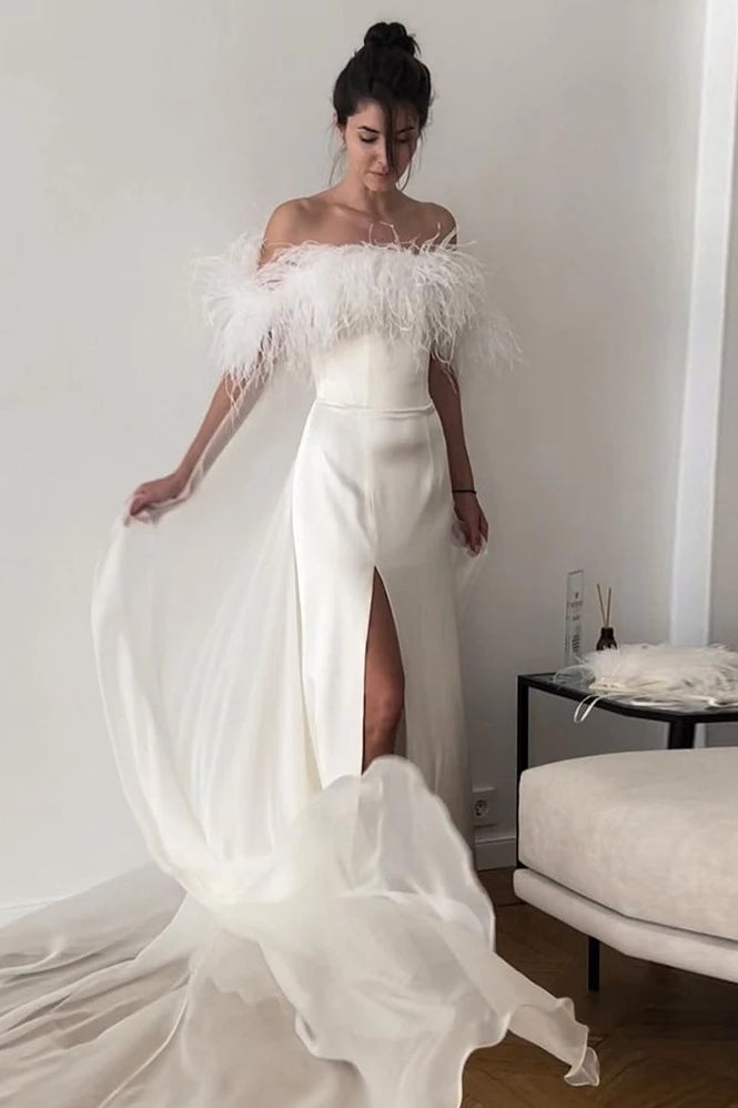 Boat Neck Simple Luxury Wedding Dresses With Feather DW718 TANYA BRIDAL Boat Neck Simple Luxury Wedding Dresses With Feather DW718 TANYA BRIDAL