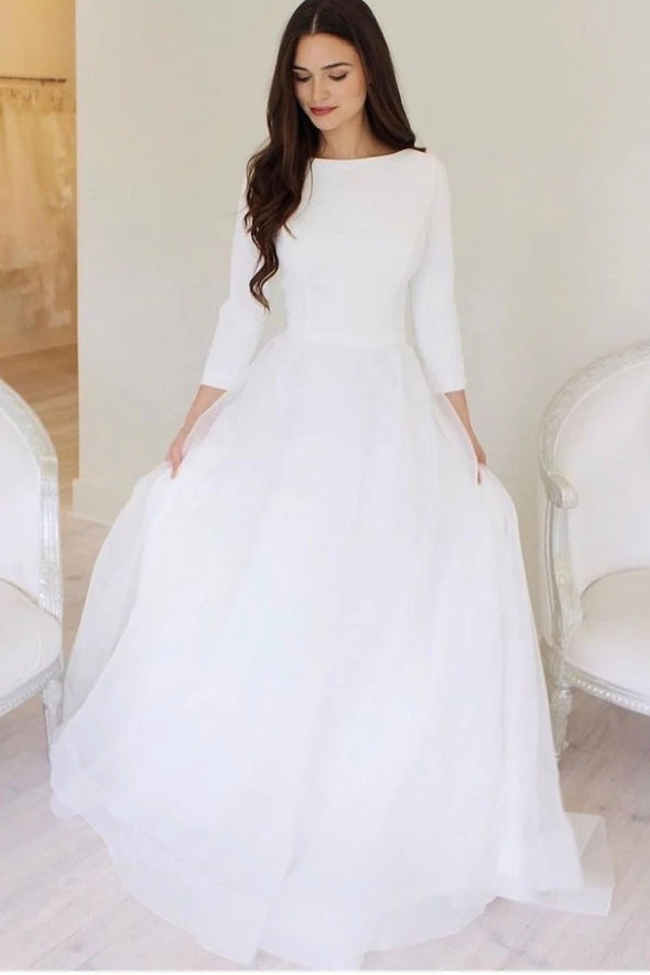 A Line Simple Wedding Dress Long Sleeves With Buttons