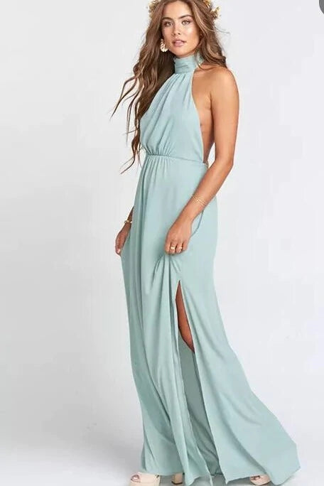 Sage Green Long Chiffon Bridesmaid Dress Bohemian High Collar Skirt