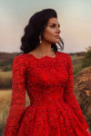 Red Long Sleeves Wedding Dress Chapel Train Lace Appliques