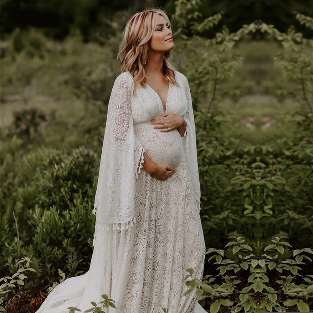 Flare Sleeve High Wasit Pregnant Tassel Lace Wedding Dresses Noivas ZW TANYA BRIDAL Flare Sleeve High Wasit Pregnant Tassel Lace Wedding Dresses Noivas ZW TANYA BRIDAL