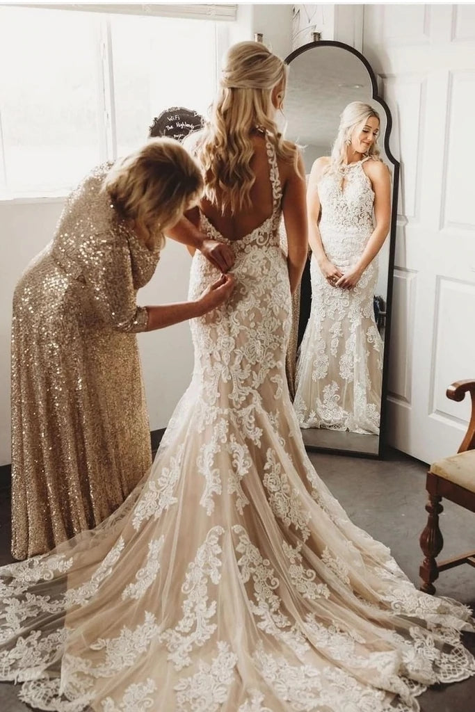 Mermaid Lace Wedding Dress Champagne Lining Ivory Lace Appliques