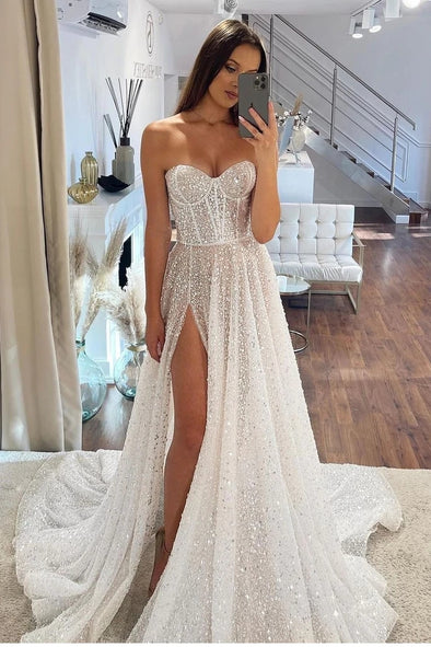 Luxury A Line Long Bling Bling Sequins Beads High Split Wedding Dress