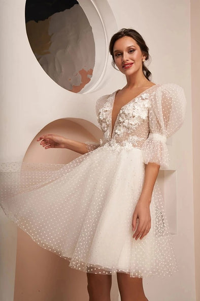 Dot Tulle Mini Short Wedding Dresses Puff Sleeve DW638