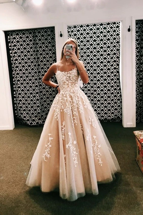 Appliques Champagne Long Evening Prom Dresses