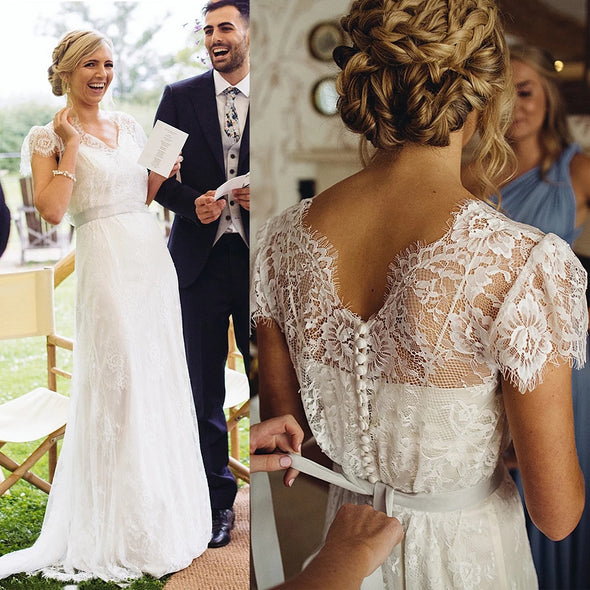 Sheer Lace V-Neck Beach Wedding Dress