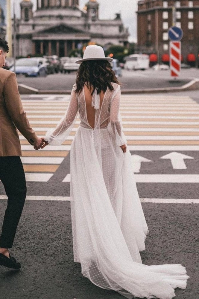 Transparent Polka Dots Tulle Wedding Gowns Long Sleeves - Transparent Polka Dots Tulle Wedding Gowns Long Sleeves -