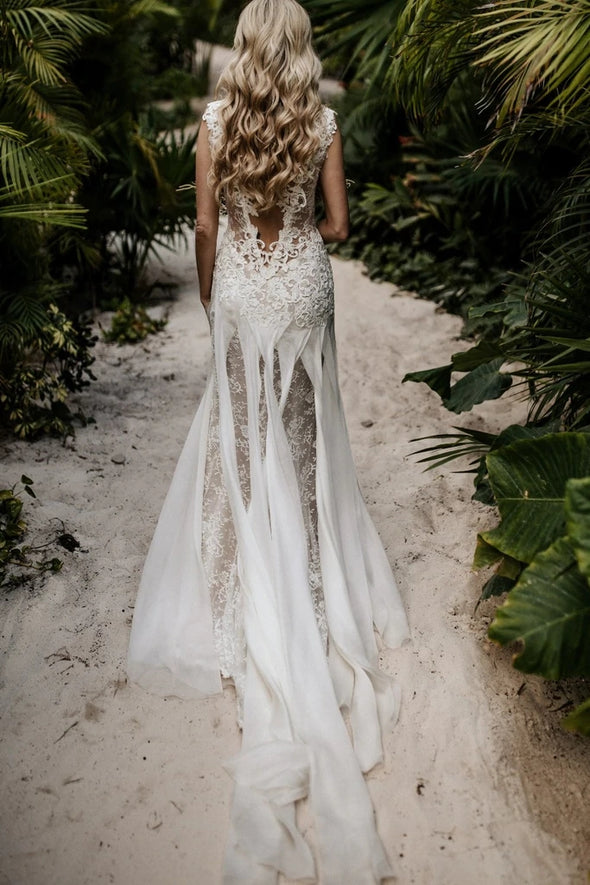 Bohemian Sheath Lace Side Split Wedding Dress With Ruffles