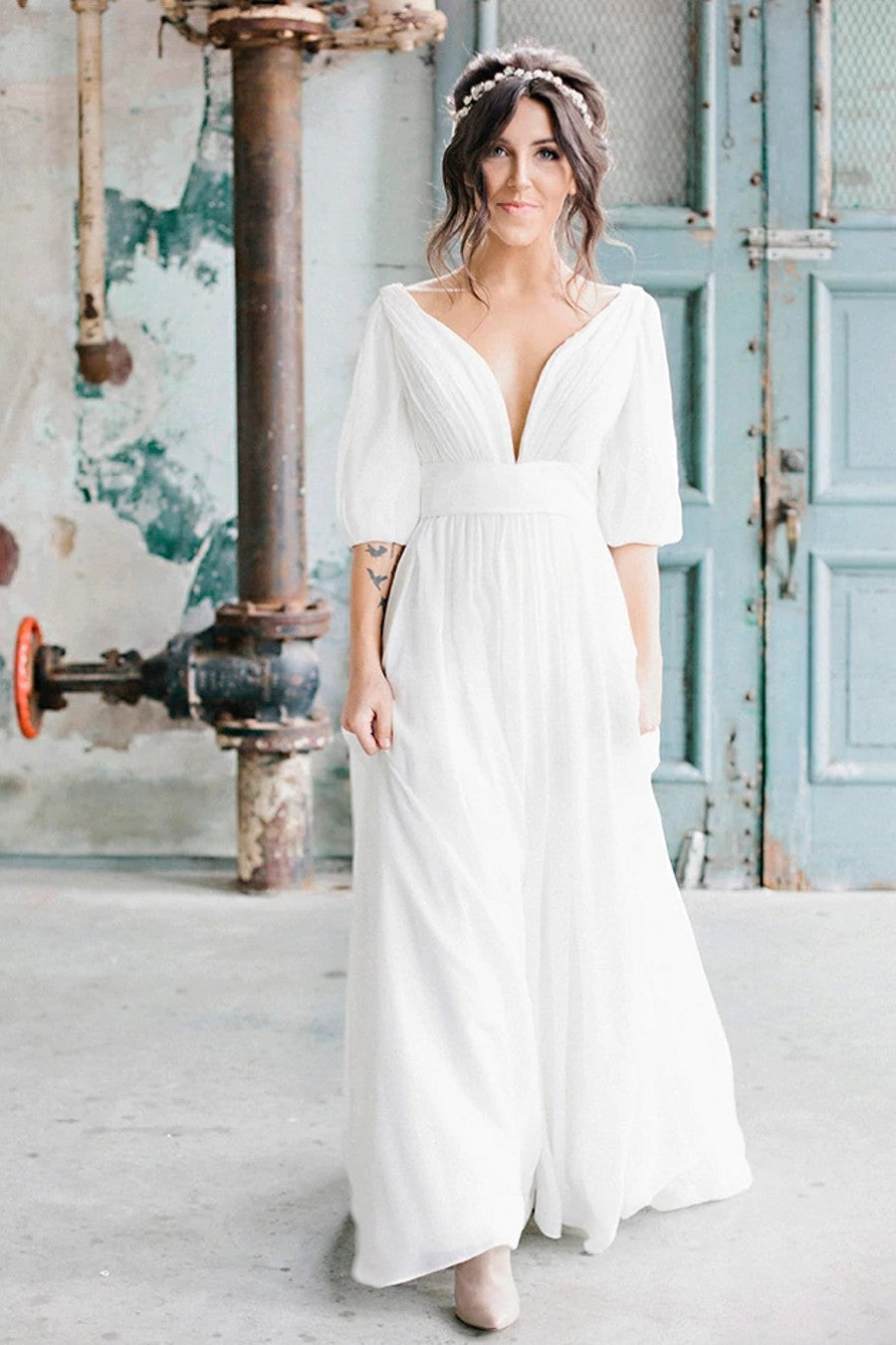 Bohemian V Neck Chiffon A Line Floor Length Wedding Dress – TANYA BRIDAL