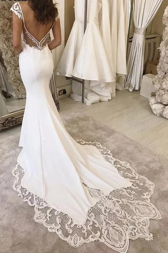 Mermaid Backless Sexy Wedding Dress With Lace Appliques Cape Sleeves