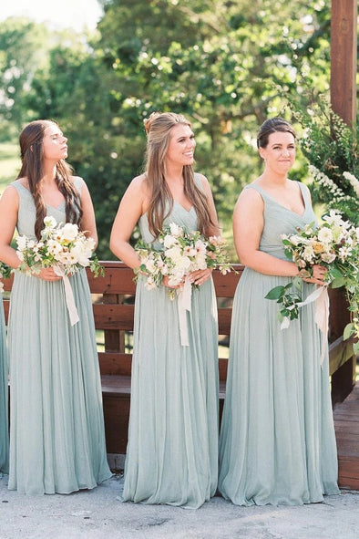 V Neck Long A Line Pleated Sage Chiffon Bridesmaid Dress