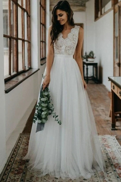 lace bridal dresses A Line Chic Lace V Back Bohemian Wedding Bridal Dress – TANYA BRIDAL