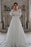Pearls Organza Satin Wedding Dresses Long Puff Sleeve A Line Bridal Gowns  ZW727