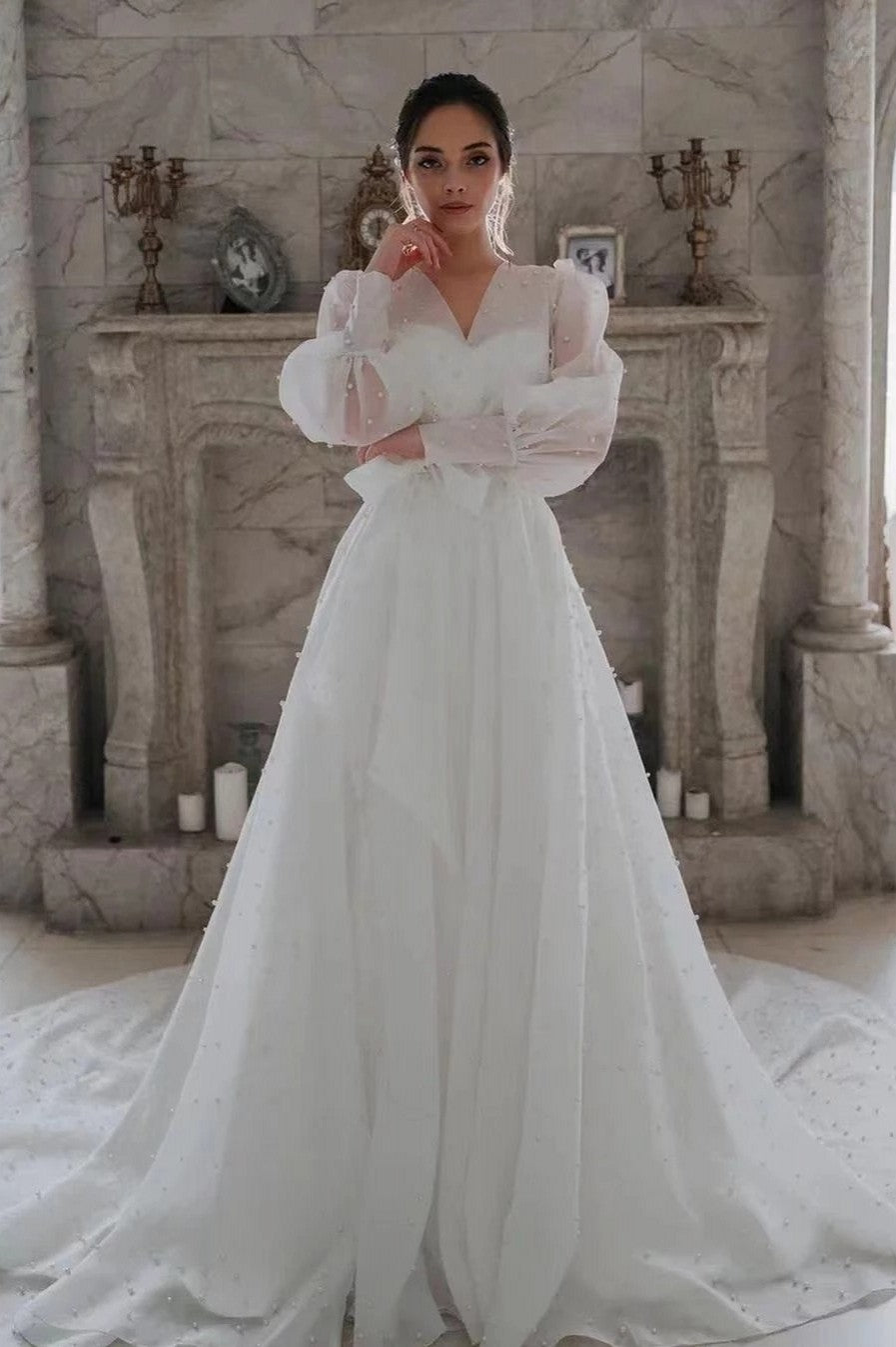 Pearls Organza Satin Wedding Dresses Long Puff Sleeve A Line Bridal Go TANYA BRIDAL Pearls Organza Satin Wedding Dresses Long Puff Sleeve A Line Bridal Go TANYA BRIDAL