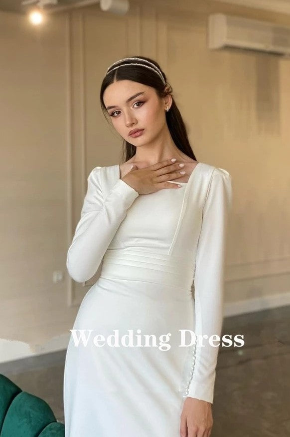 Simple Sheath Long Sleeves Wedding Dress Soft Satin