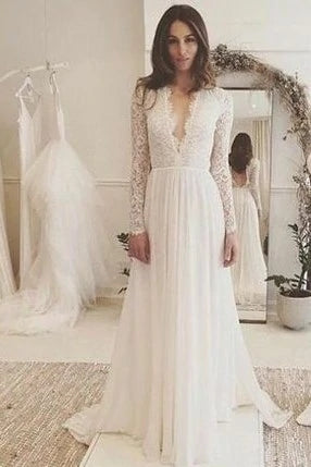 Bohemian Long A Line Wedding Dress Deep V Neck