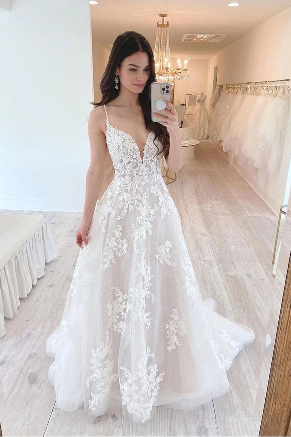 A Line Nude Lining Lace V Neck Wedding Dress Modest Style