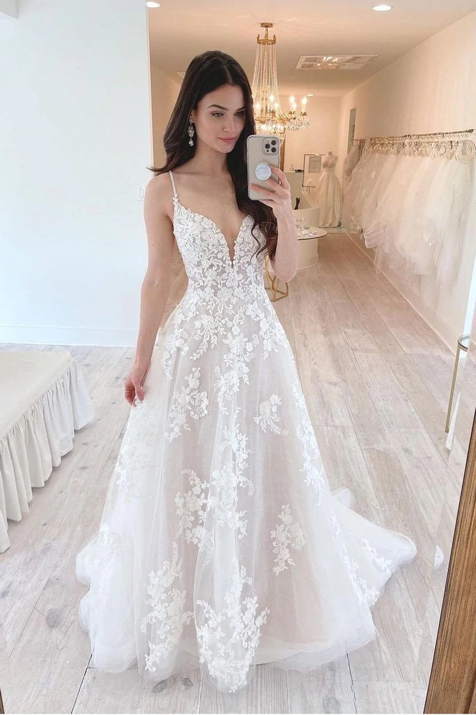 A Line Nude Lining Lace V Neck Wedding Dress Modest Style - A Line Nude Lining Lace V Neck Wedding Dress Modest Style -