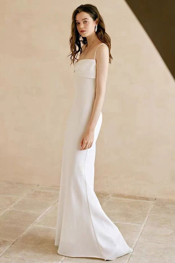 Simple Satin Sheath Long Wedding Dress Bow Neck