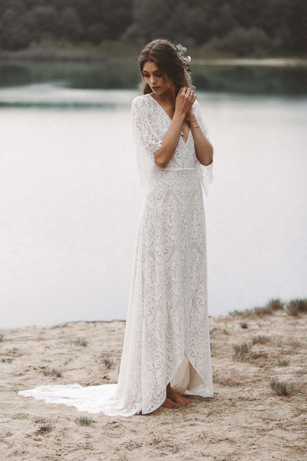 Lace Wedding Dress Boho Dreamy V Neck A Line Bridal Dress DW374 – TANYA BRIDAL Lace Wedding Dress Boho Dreamy V Neck A Line Bridal Dress DW374 – TANYA BRIDAL