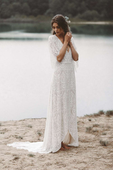 Lace Wedding Dress Boho Dreamy V Neck A Line Bridal Dress DW374