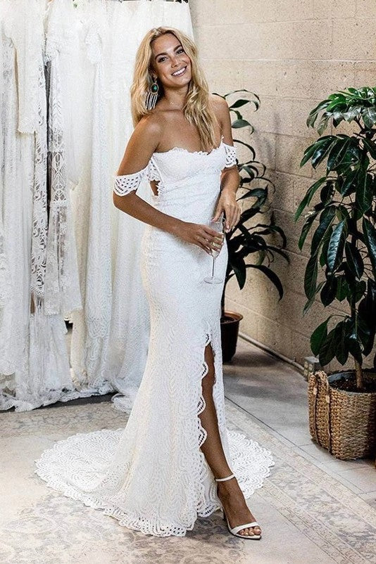 Mermaid Off-The-Shoulder Backless Lace Wedding Dress With Split TANYA BRIDAL Mermaid Off-The-Shoulder Backless Lace Wedding Dress With Split TANYA BRIDAL