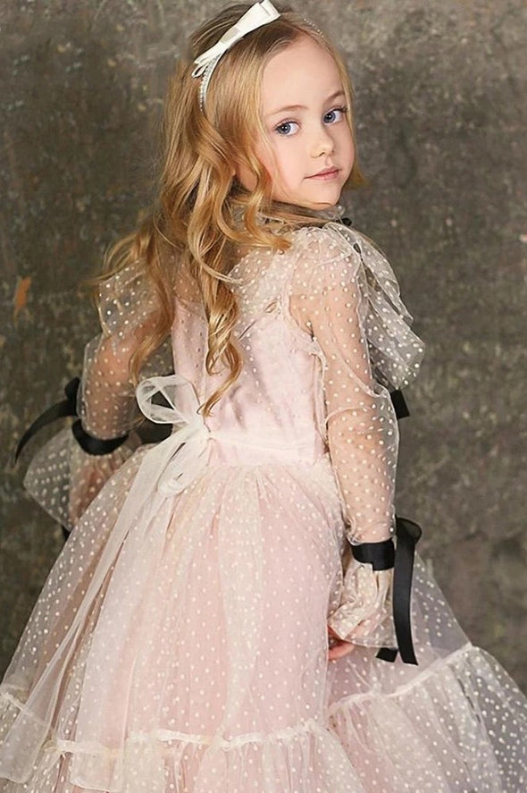 Polka-dot Tulle Flower Girl Dresses Illusion Long Sleeves