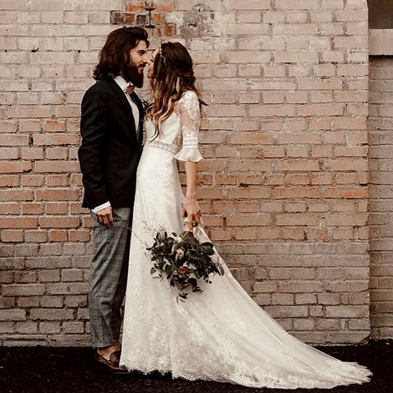 half sleeve a line wedding dress Half Sleeve Wedding Dress Elegant Romantic Lace Bridal Gown WD424 US10 / White