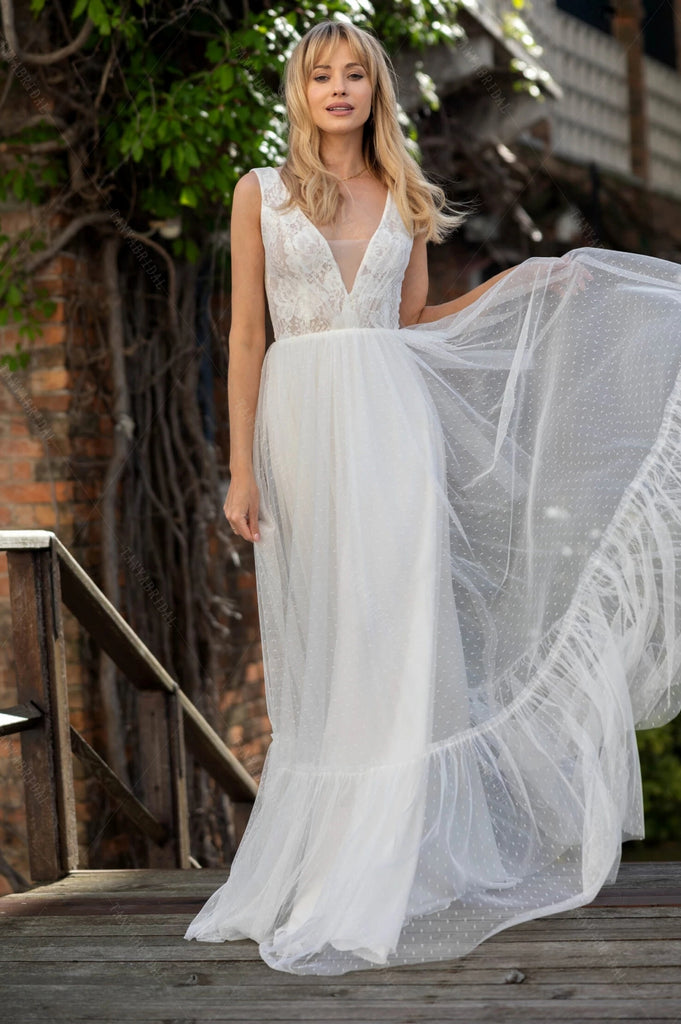 V-Neck Dot Tulle Wedding Dresses A Line ZW928 TANYA BRIDAL V-Neck Dot Tulle Wedding Dresses A Line ZW928 TANYA BRIDAL