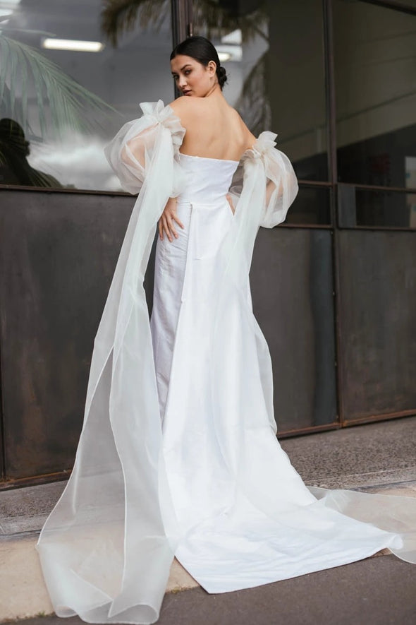 Mermaid Wedding Dress With Puff Organza Detachable Sleeves