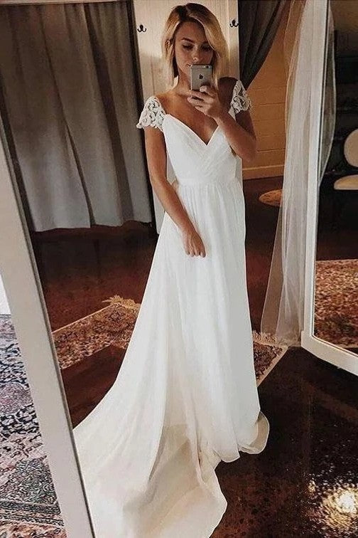 V Neck Cap Sleeves Chiffon Boho Wedding Dress Beach Style TANYA BRIDAL V Neck Cap Sleeves Chiffon Boho Wedding Dress Beach Style TANYA BRIDAL