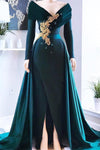 Teal Green Evening Dresses Off The Shoulder With Gold Appliques