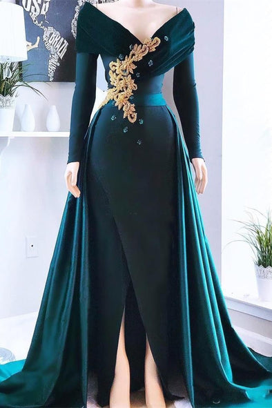 Teal Green Evening Dresses Off The Shoulder With Gold Appliques